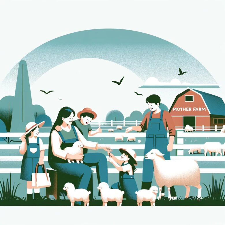 「マザー牧場での家族の楽しい時間」: 子供たちが動物と触れ合う様子が描かれた、温かく心地よい雰囲気のミニマリストイラスト。