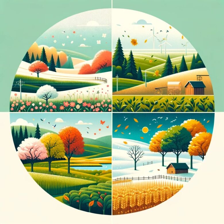 「マザー牧場の自然の美しさ」: 春夏秋冬の四季折々の風景が描かれた、自然の豊かさを感じさせるミニマリストイラスト。