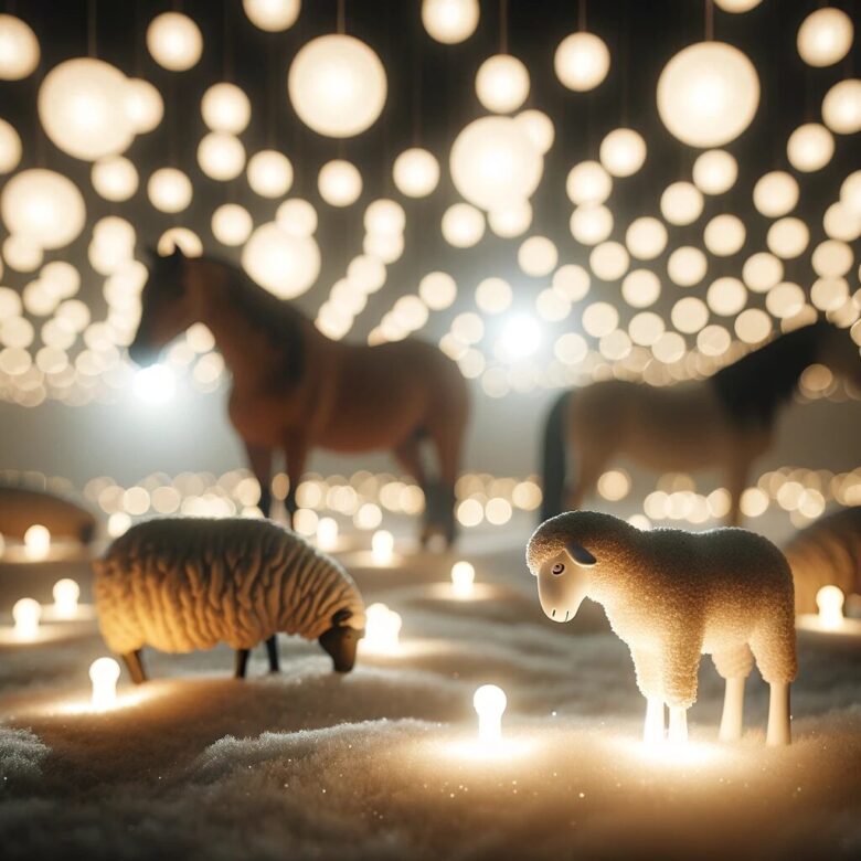 「マザー牧場の動物たちとイルミネーション」: 光に照らされた羊や馬が描かれた、静かで神秘的な雰囲気のミニマリストイラスト