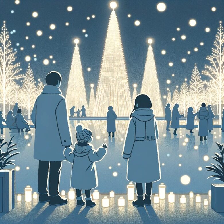 テーマパークでの冬のイルミネーションを楽しむ家族を描いたミニマリストスタイルのイメージです。このシーンには、光に驚きと喜びの表情を見せる子供たちが含まれています。家族はシンプルでエレガントなスタイルで描かれ、パークの鮮やかな光と祝祭的な装飾に囲まれた楽しい冬の夕方の本質を捉えています。